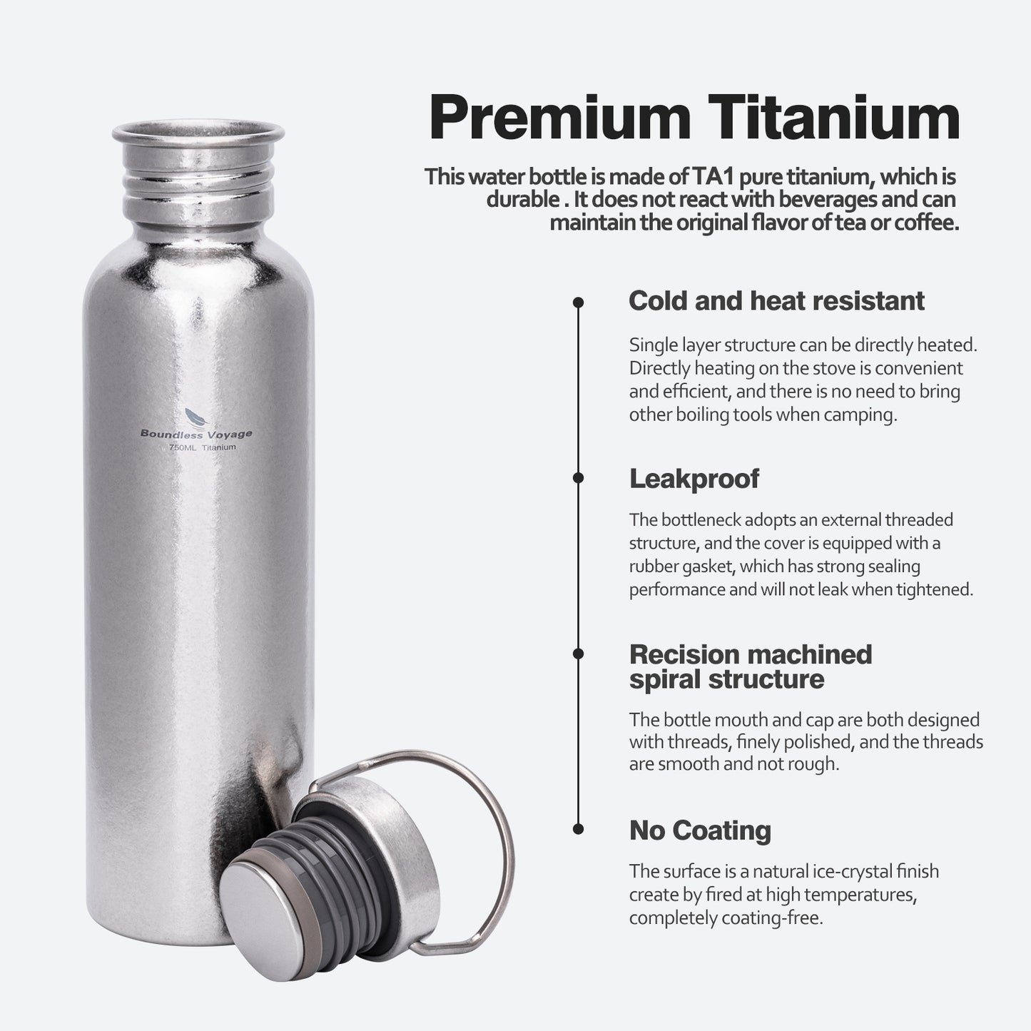 Boundless Voyage 750ml Crystal Finish Titanium Water Bottle with Lid – Wide Mouth, Ultralight, Leak-Proof & Durable for Camping, Hiking & Travel