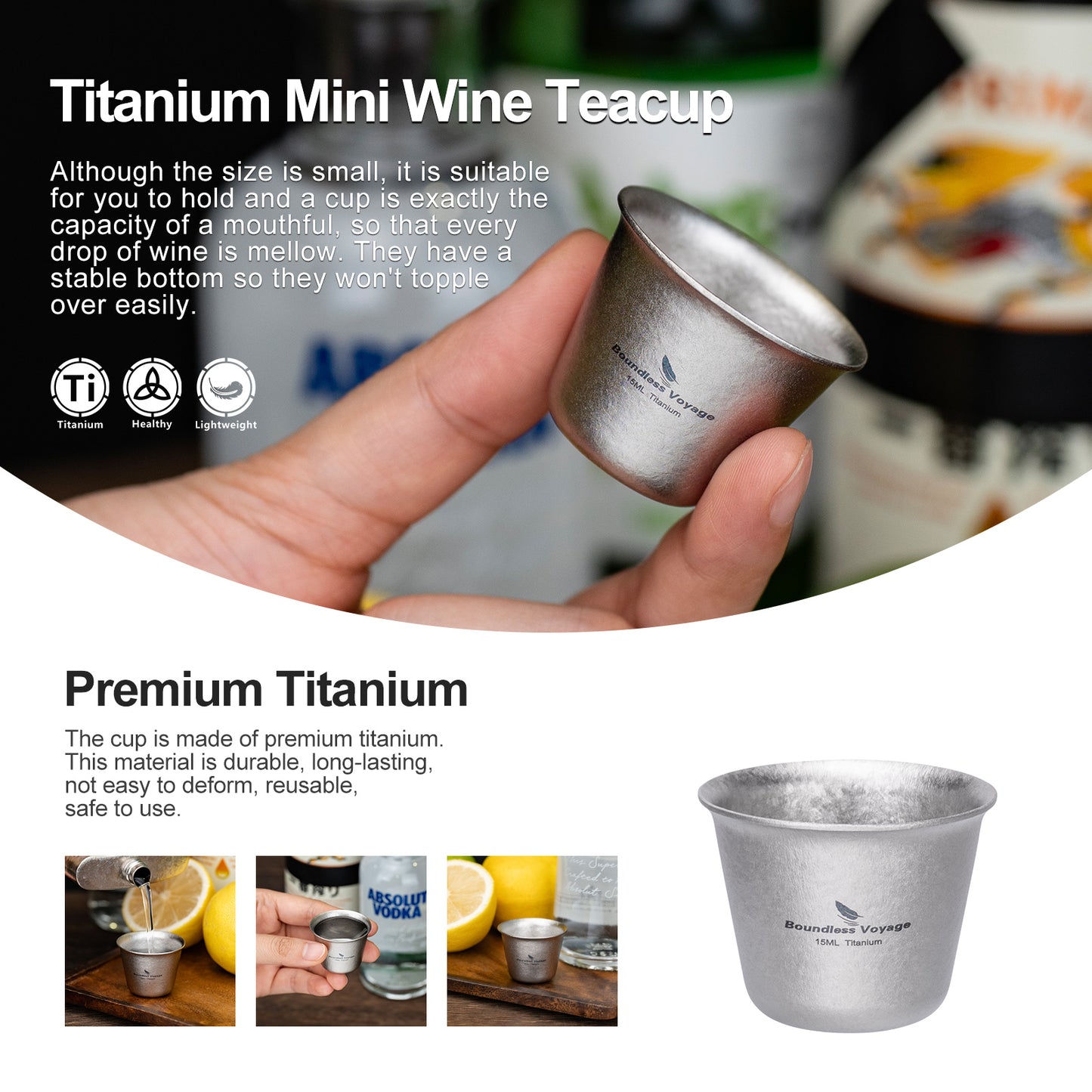 Boundless Voyage Ultralight Titanium Mini Cup | Portable Teacup & Whiskey Shot Glass | Small Metal Espresso Cup for Camping, Hiking & Home Use | BPA-Free & Healthy Drinkware