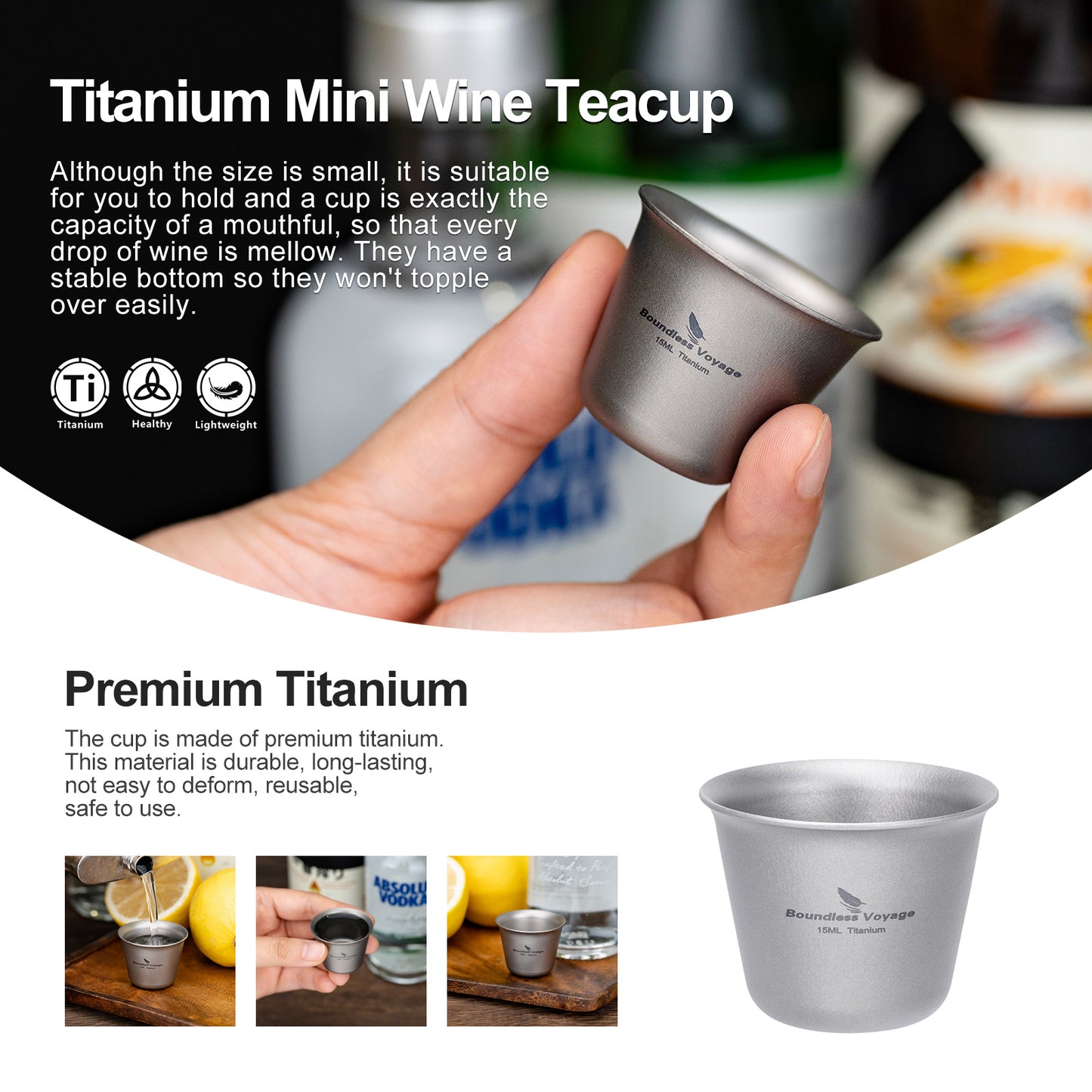 Boundless Voyage Ultralight Titanium Mini Cup | Portable Teacup & Whiskey Shot Glass | Small Metal Espresso Cup for Camping, Hiking & Home Use | BPA-Free & Healthy Drinkware
