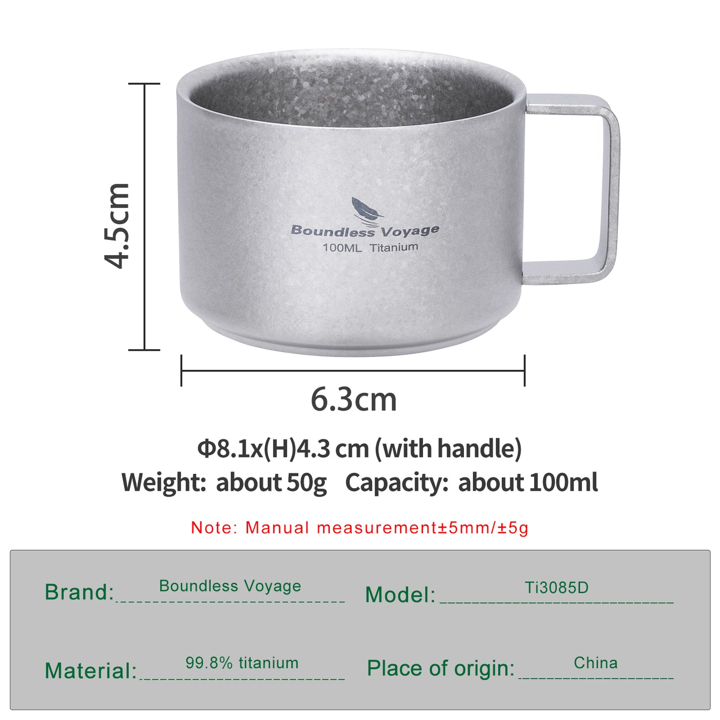 Boundless Voyage Titanium Double-Walled Coffee Cup 100ml – Ultralight Insulated Espresso Mug for Camping, Hiking & Home Use