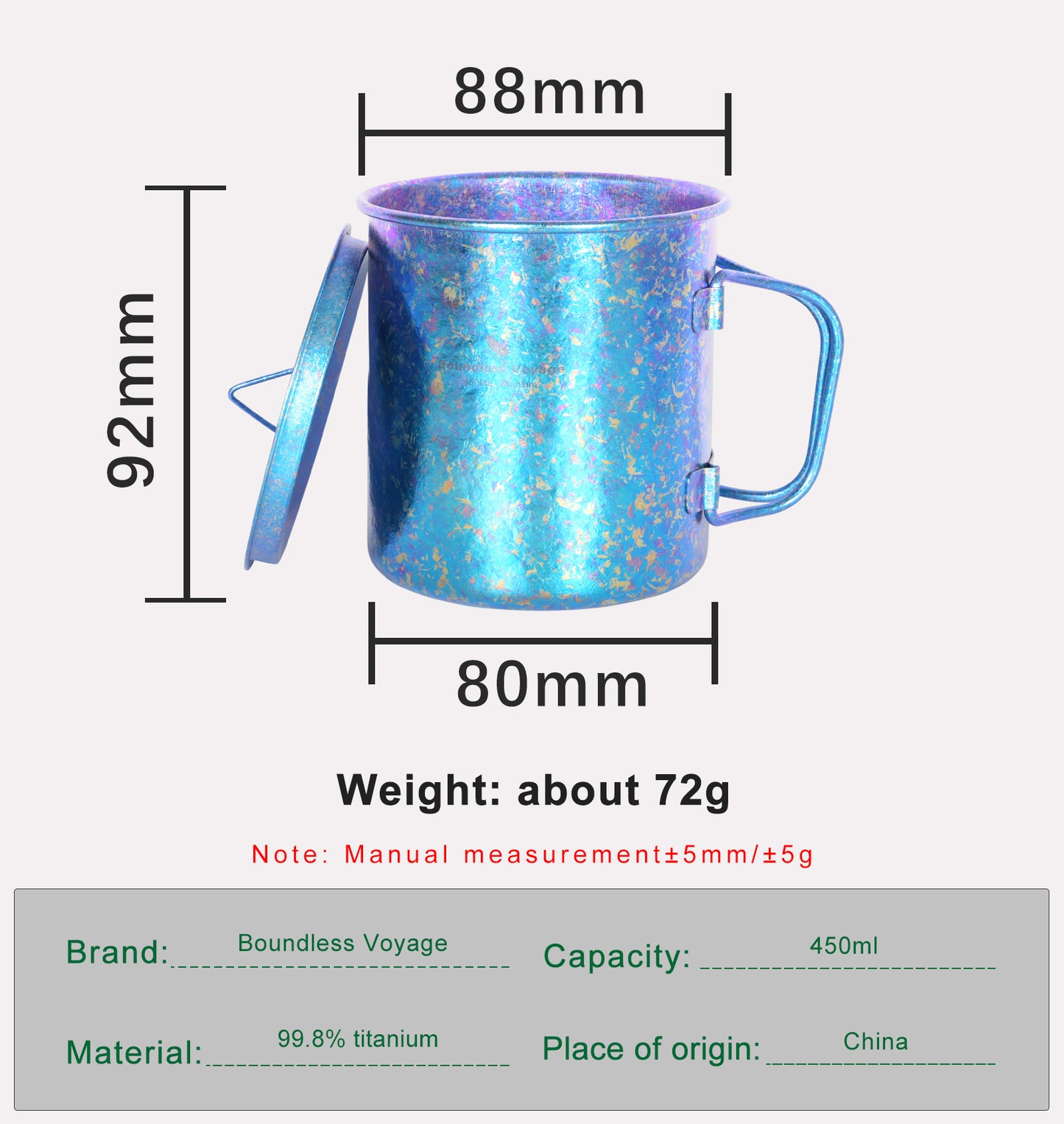 Boundless Voyage 450ml Titanium Colorful Camping Mug – Ultralight Foldable-Handle Cup for Water, Coffee & Tea Outdoors