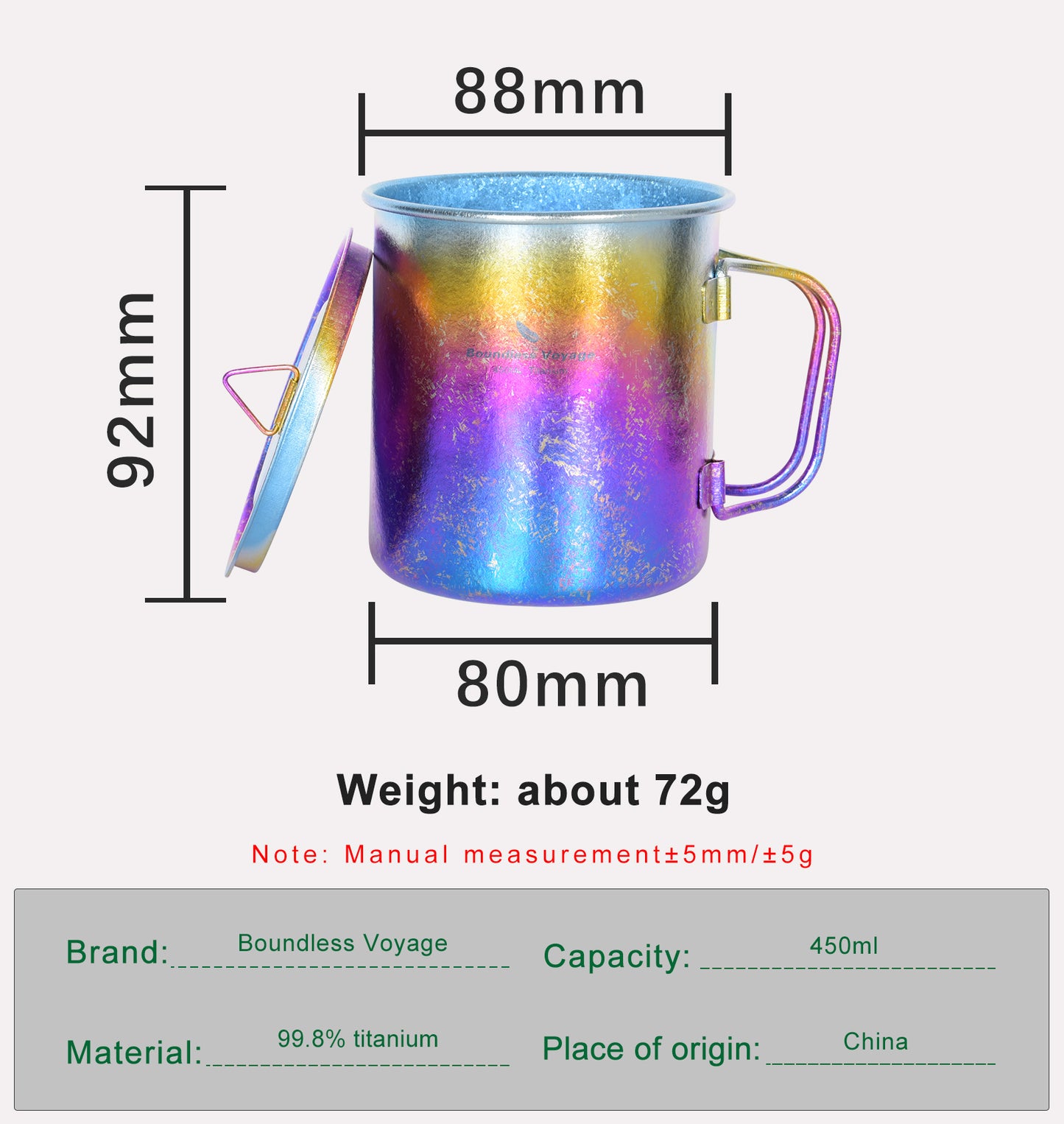 Boundless Voyage 450ml Titanium Colorful Camping Mug – Ultralight Foldable-Handle Cup for Water, Coffee & Tea Outdoors
