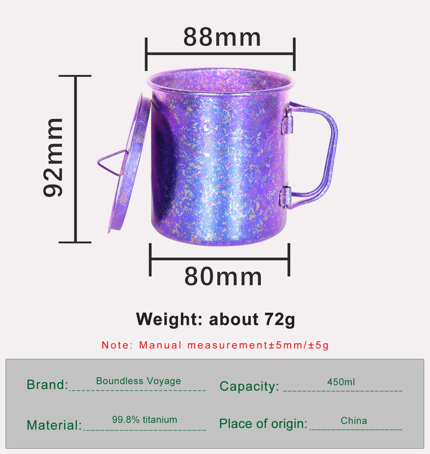 Boundless Voyage 450ml Titanium Colorful Camping Mug – Ultralight Foldable-Handle Cup for Water, Coffee & Tea Outdoors