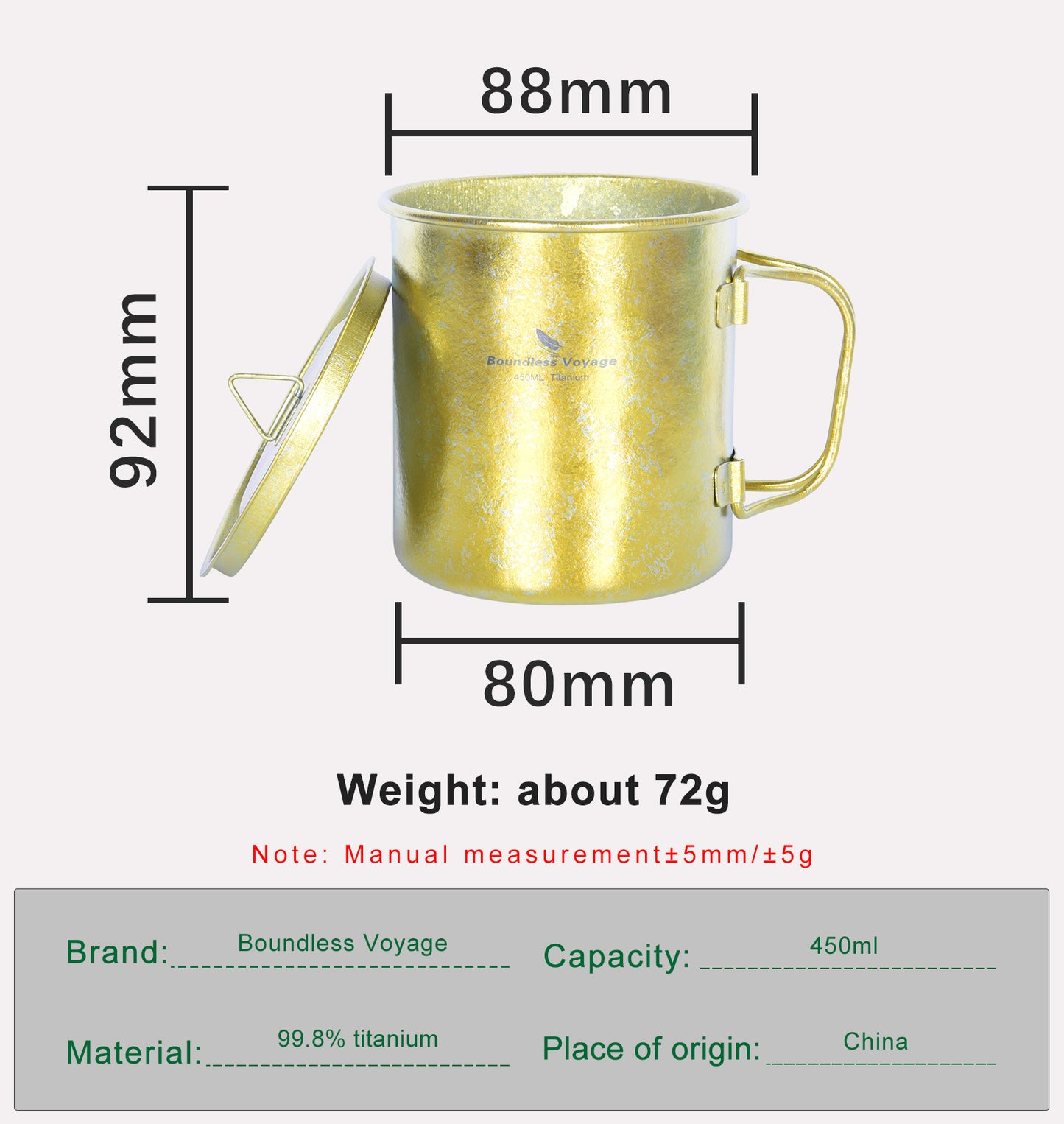 Boundless Voyage 450ml Titanium Colorful Camping Mug – Ultralight Foldable-Handle Cup for Water, Coffee & Tea Outdoors