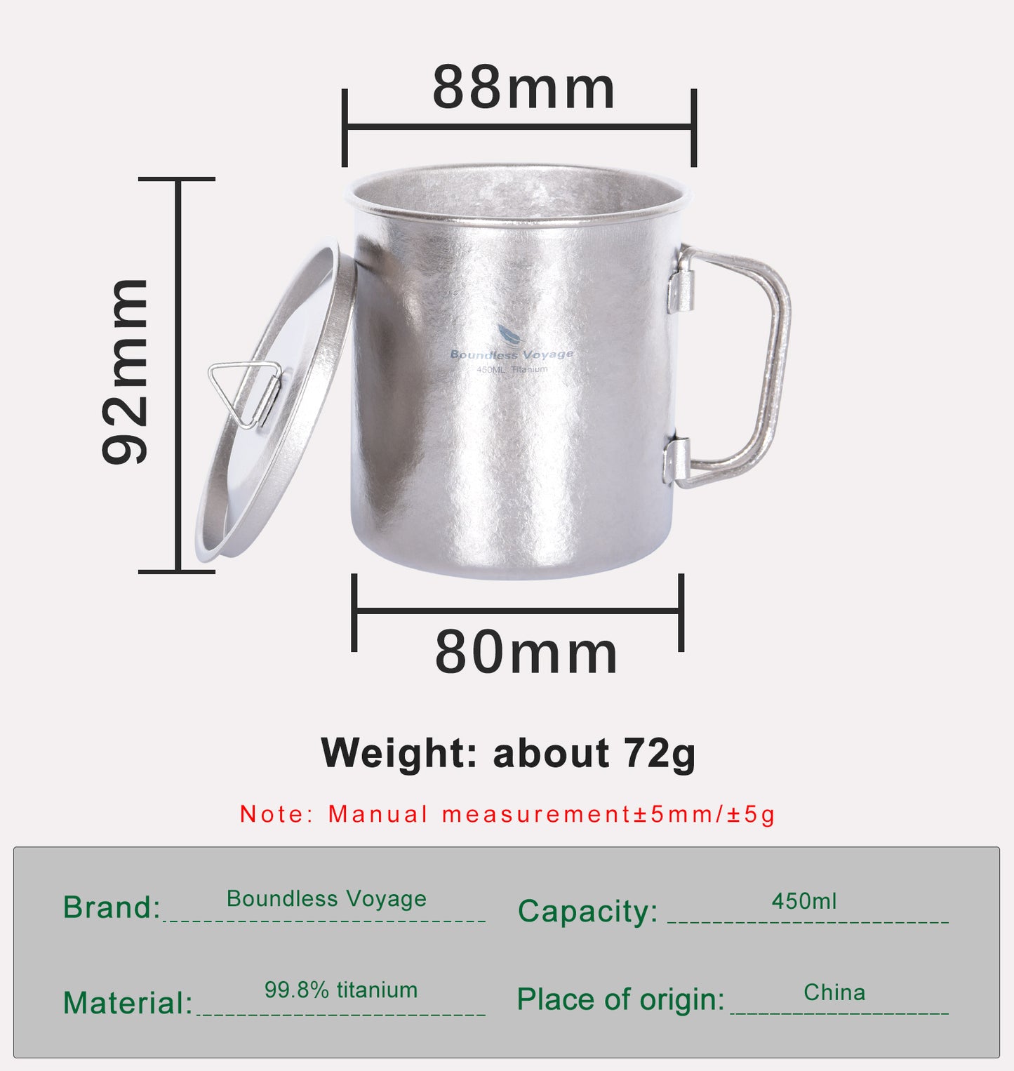 Boundless Voyage 450ml Titanium Colorful Camping Mug – Ultralight Foldable-Handle Cup for Water, Coffee & Tea Outdoors