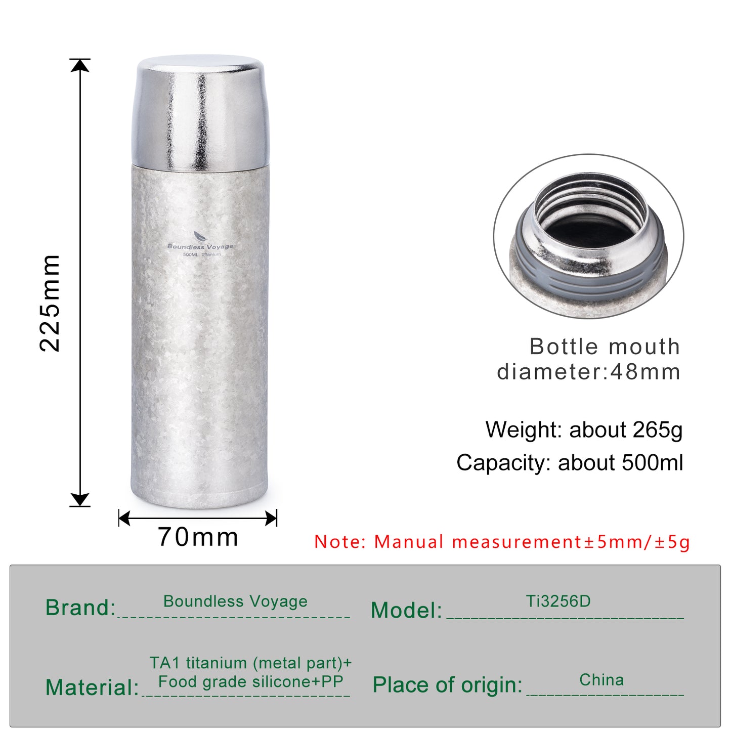 Boundless Voyage 500ml Titanium Vacuum Insulated Water Bottle | 17oz Ultralight Double-Walled Thermal Flask | Leakproof, Non-Toxic & BPA-Free Coffee Thermos for Hiking & Travel